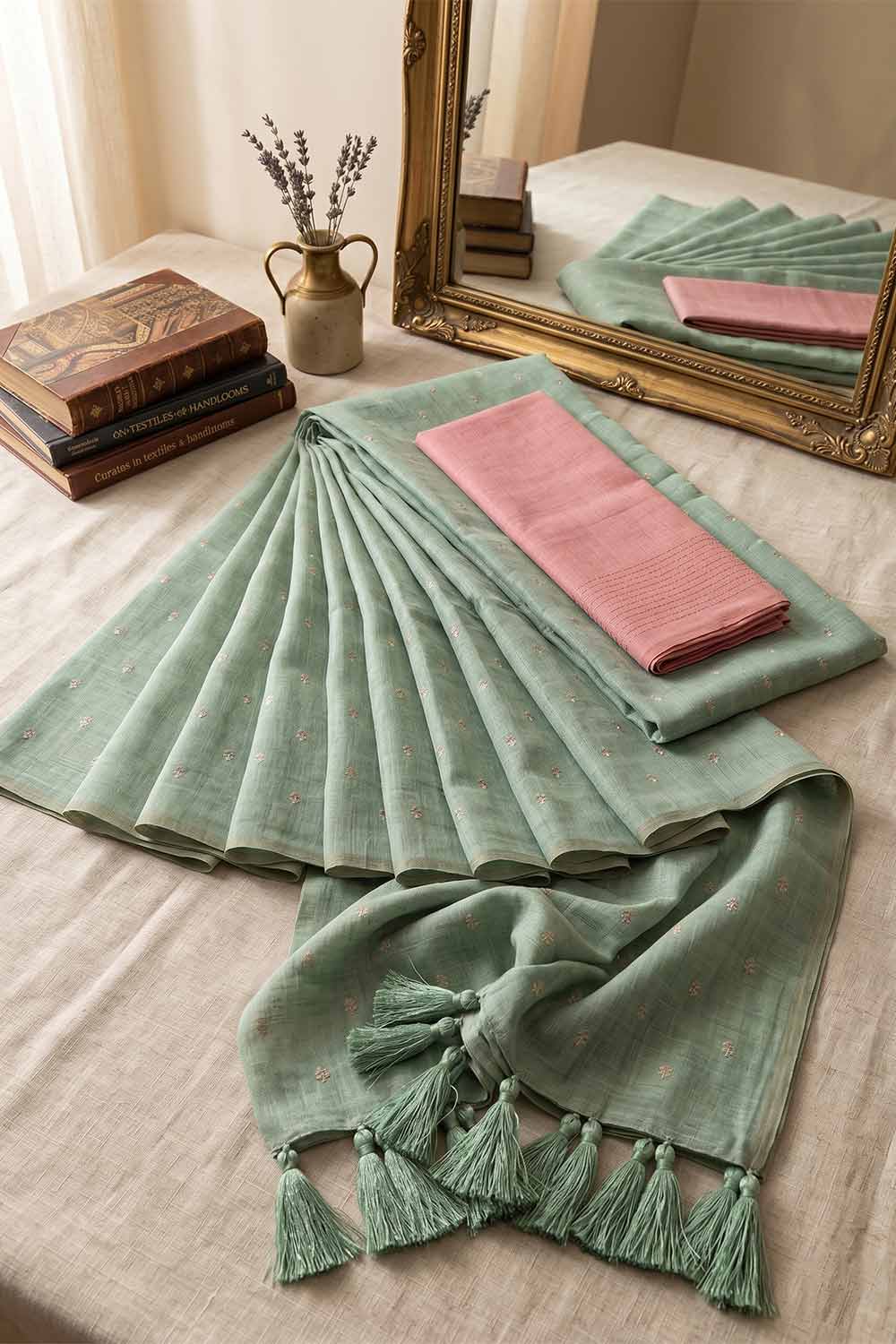 Womens Green Cotton Saree with Blouse – Embroidered Cotton Rich Saree for Women | Festive Wear, Party Wear & Traditional Ethnic Saree - WS03