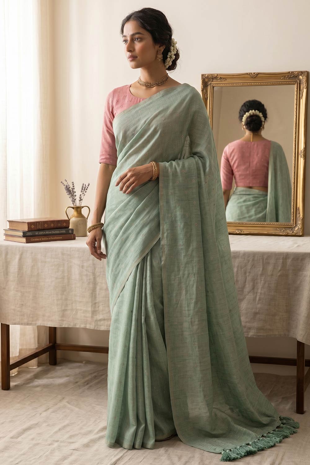 Womens Green Cotton Saree with Blouse – Embroidered Cotton Rich Saree for Women | Festive Wear, Party Wear & Traditional Ethnic Saree - WS03