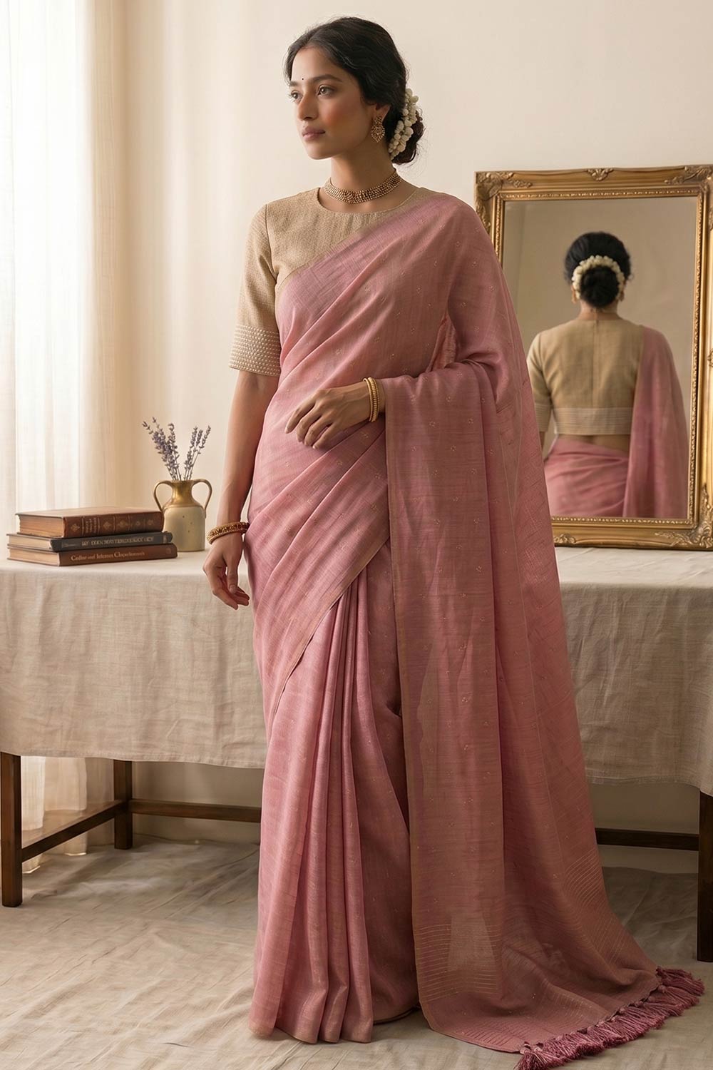 Womens Peach Cotton Saree with Blouse – Embroidered Cotton Rich Saree for Women | Festive Ethnic Wear - WS03