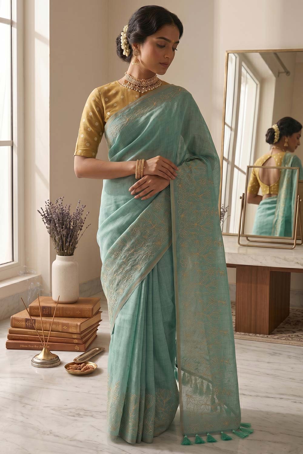 Womens Green Embroidered Saree with Blouse – Cotton Rich Festive Saree for Women | Traditional & Party Wear Saree - WS04