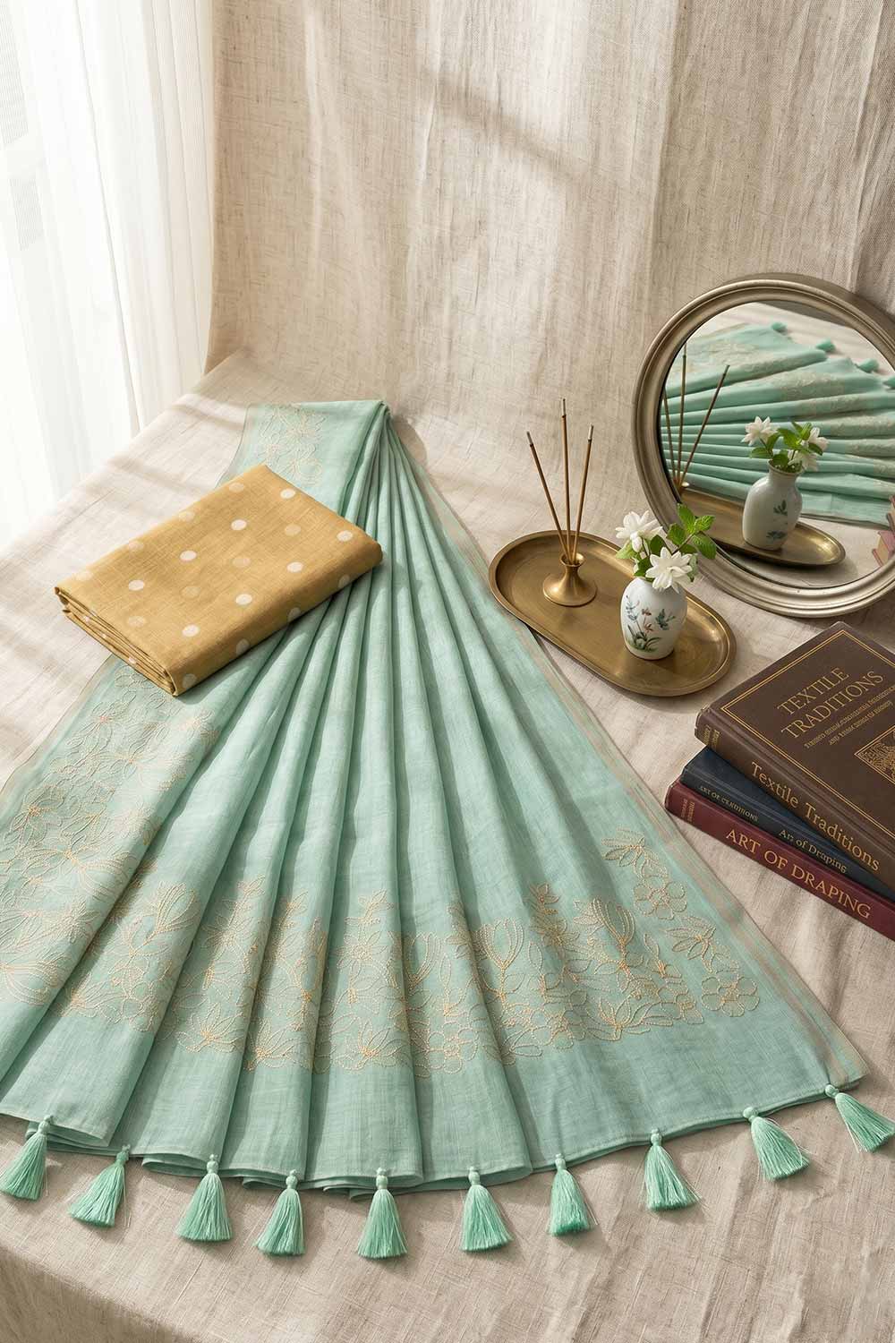 Womens Green Embroidered Saree with Blouse – Cotton Rich Festive Saree for Women | Traditional & Party Wear Saree - WS04