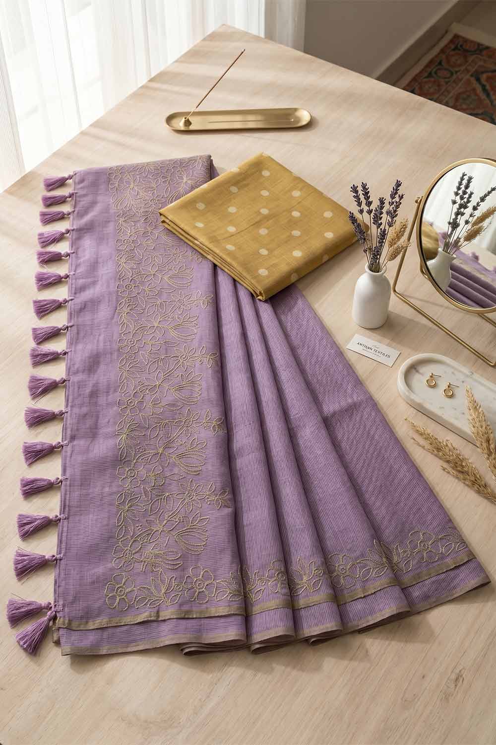 Womens Purple Cotton Saree with Blouse – Embroidered Cotton Rich Saree for Women | Festive & Party Wear Saree - WS04