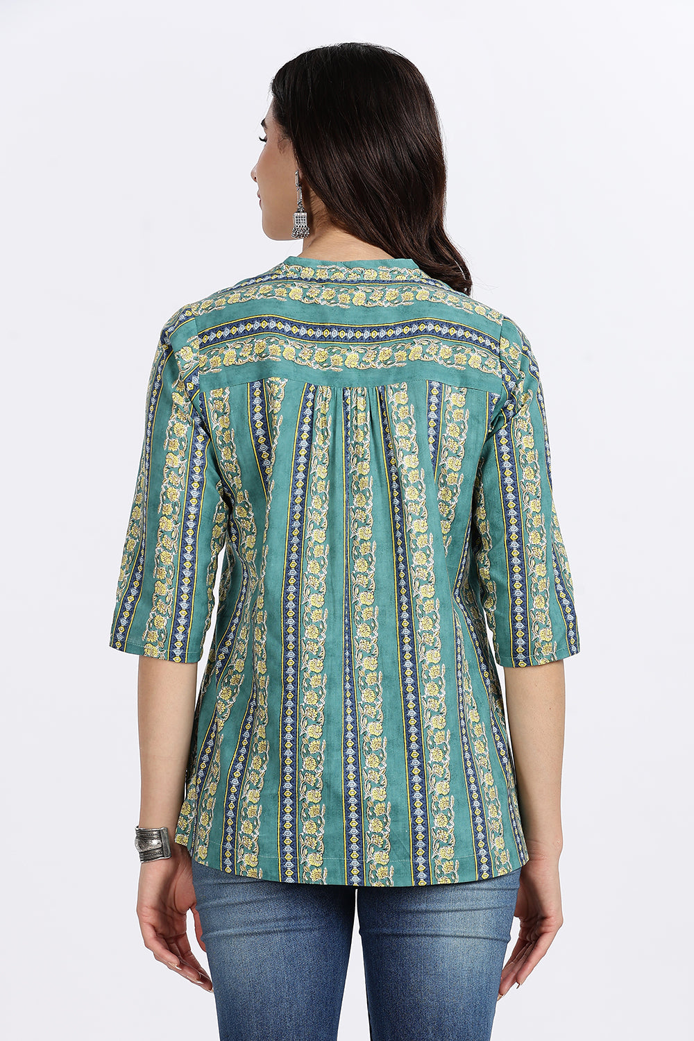 Mythri Women’s Teal Striped Cotton Top with V-Notch Neckline, Wooden Button Placket & 3/4th Sleeves | Daily Wear A-Line Cotton Top - TU13