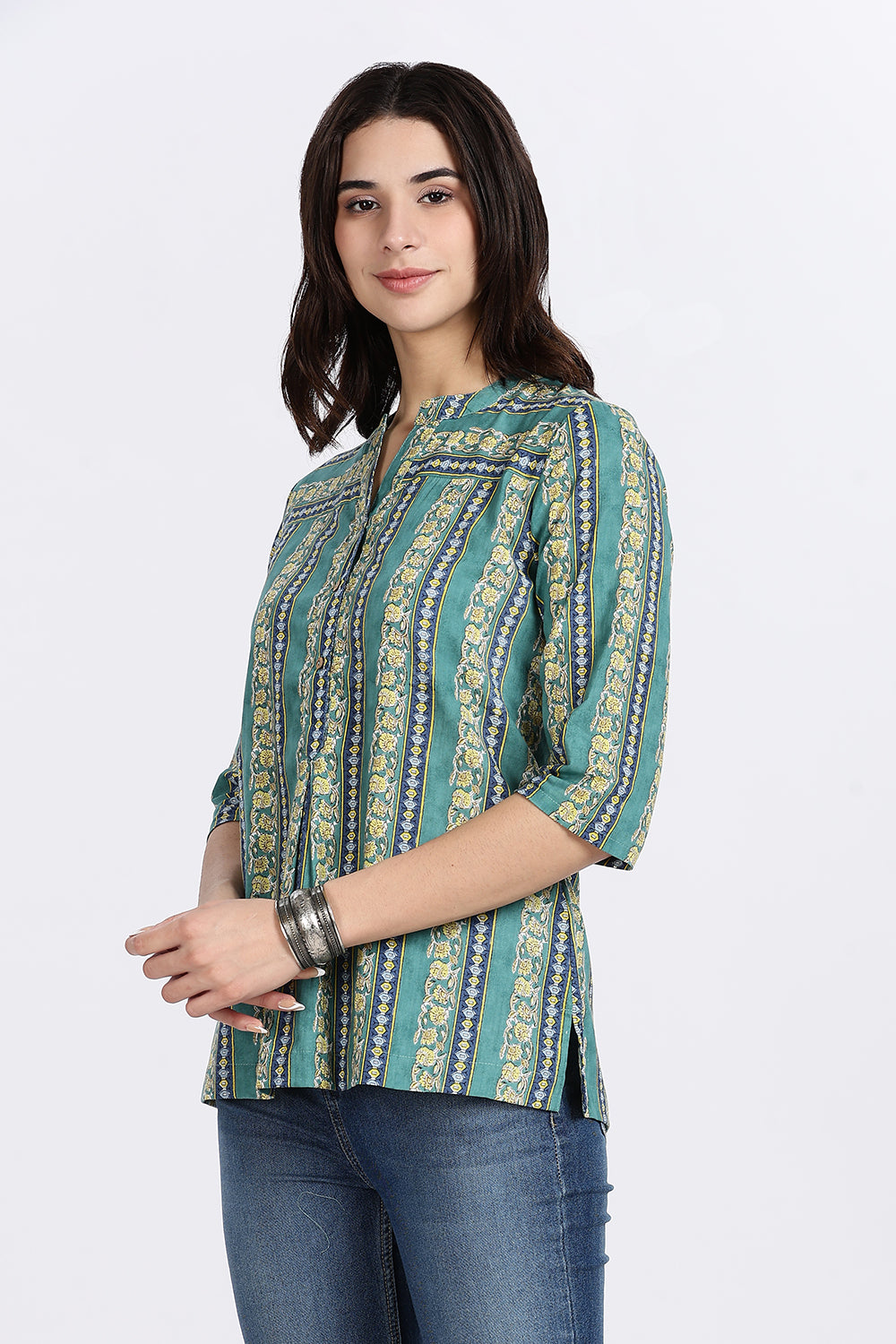 Mythri Women’s Teal Striped Cotton Top with V-Notch Neckline, Wooden Button Placket & 3/4th Sleeves | Daily Wear A-Line Cotton Top - TU13