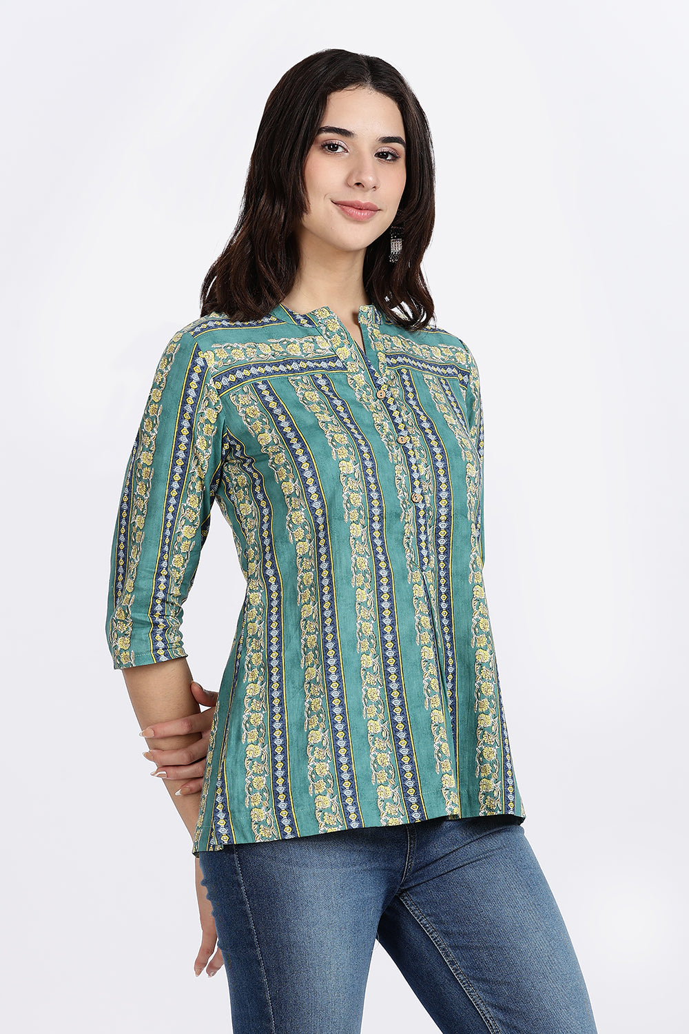 Mythri Women’s Teal Striped Cotton Top with V-Notch Neckline, Wooden Button Placket & 3/4th Sleeves | Daily Wear A-Line Cotton Top - TU13
