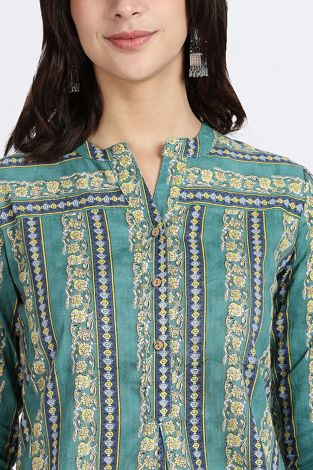 Mythri Women’s Teal Striped Cotton Top with V-Notch Neckline, Wooden Button Placket & 3/4th Sleeves | Daily Wear A-Line Cotton Top - TU13