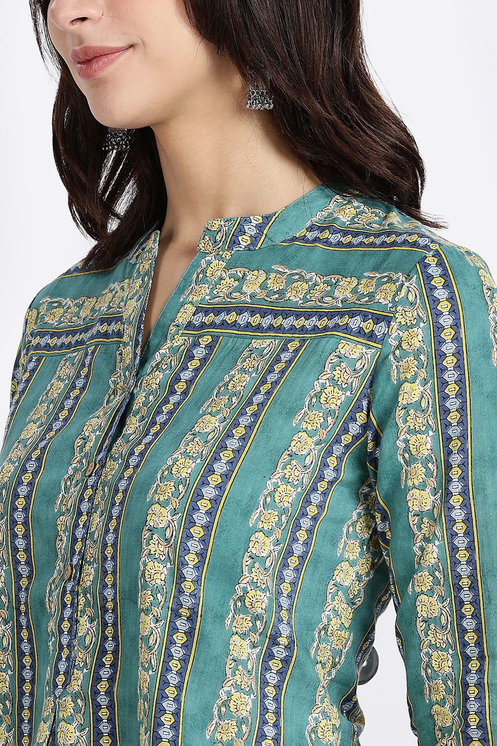 Mythri Women’s Teal Striped Cotton Top with V-Notch Neckline, Wooden Button Placket & 3/4th Sleeves | Daily Wear A-Line Cotton Top - TU13