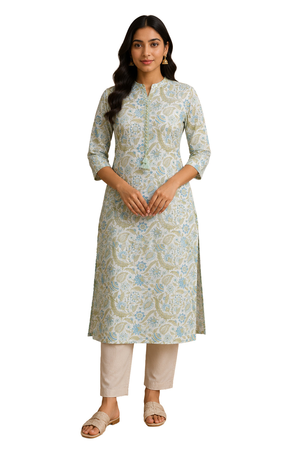 Women's Cotton Blend Printed Kurti | Mandarin Collar 3/4 Sleeve Below Knee Kurti for Women | Regular Fit Ethnic Daily Wear Kurta - JS52