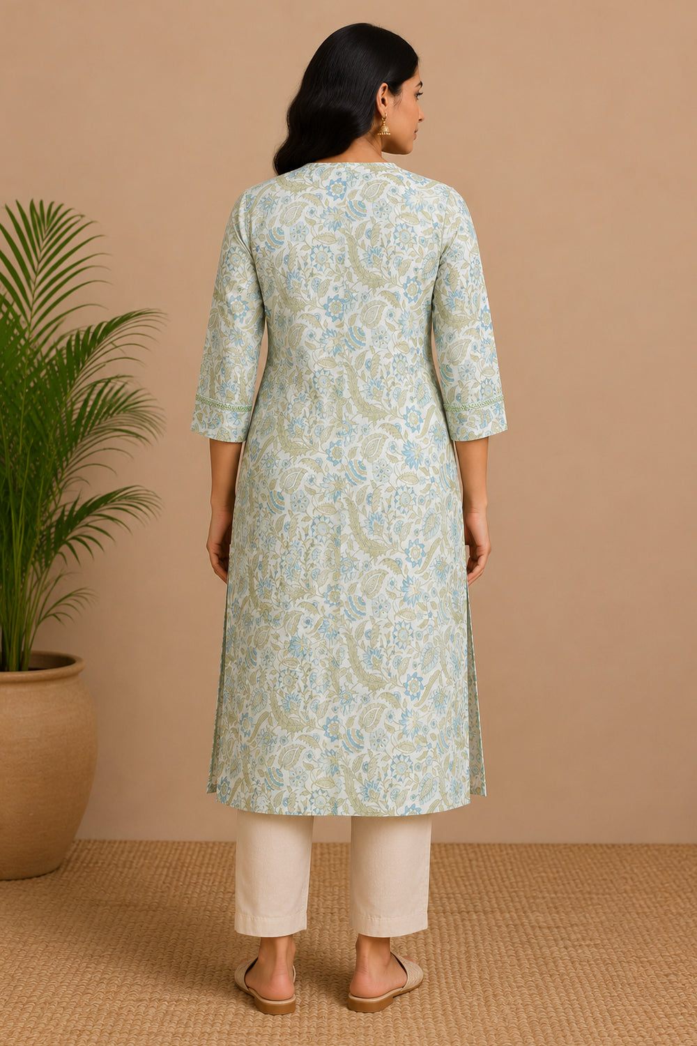 Women's Cotton Blend Printed Kurti | Mandarin Collar 3/4 Sleeve Below Knee Kurti for Women | Regular Fit Ethnic Daily Wear Kurta - JS52