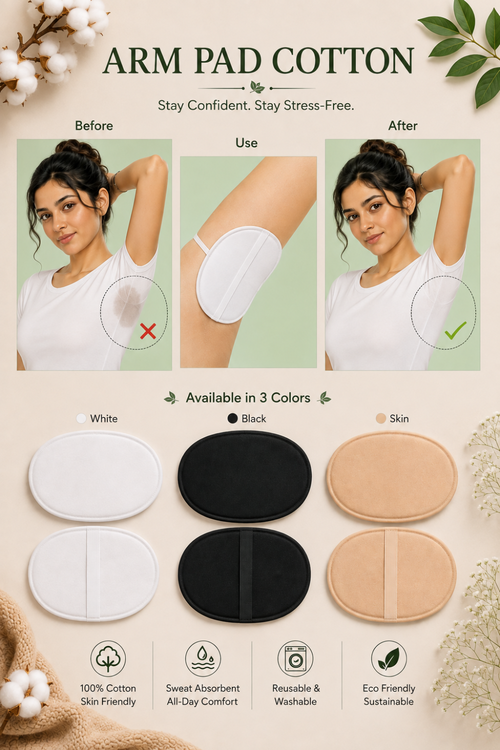 Naidu Hall Women's Cotton Underarm Sweat Pads | Dress Shields & Armpit Sweat Guards | Sweat Absorbing Underarm Pads for Saree Blouses, Kurtis, Tops & Dresses