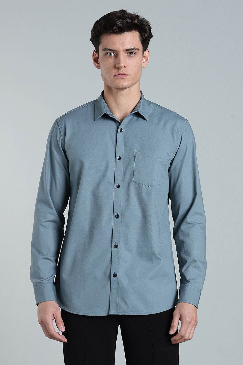 Enhance Men’s Solid Cotton Casual Shirt – Full Sleeves, Patch Pocket & Button Placket - Dark Grey - SA12 - Naidu Hall Family Store