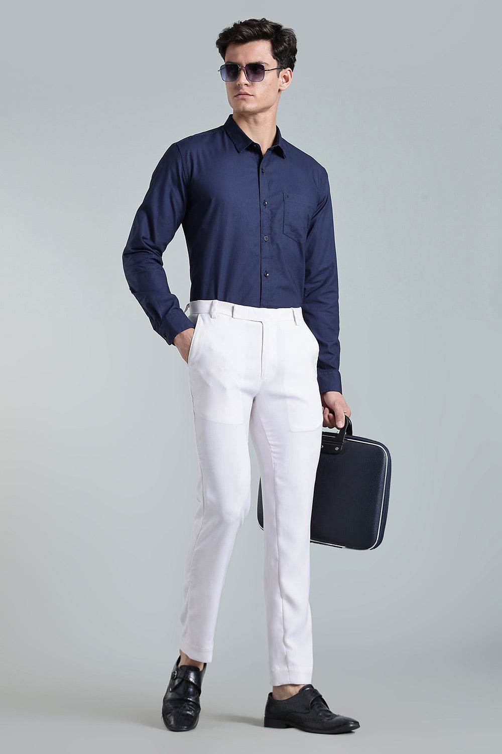 Enhance Men’s Solid Cotton Casual Shirt – Full Sleeves, Patch Pocket & Button Placket - Dark Navy - SA13 - Naidu Hall Family Store