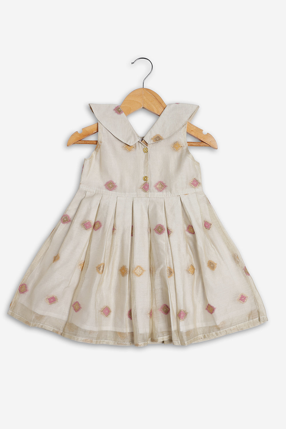 Chittythali Girls Chanderi Ethnic Frock | Peter Pan Collar Dress for Girls | Front Open Party Wear Frock | Traditional Kids Dress for Festive, Wedding & Occasion Wear - FR26