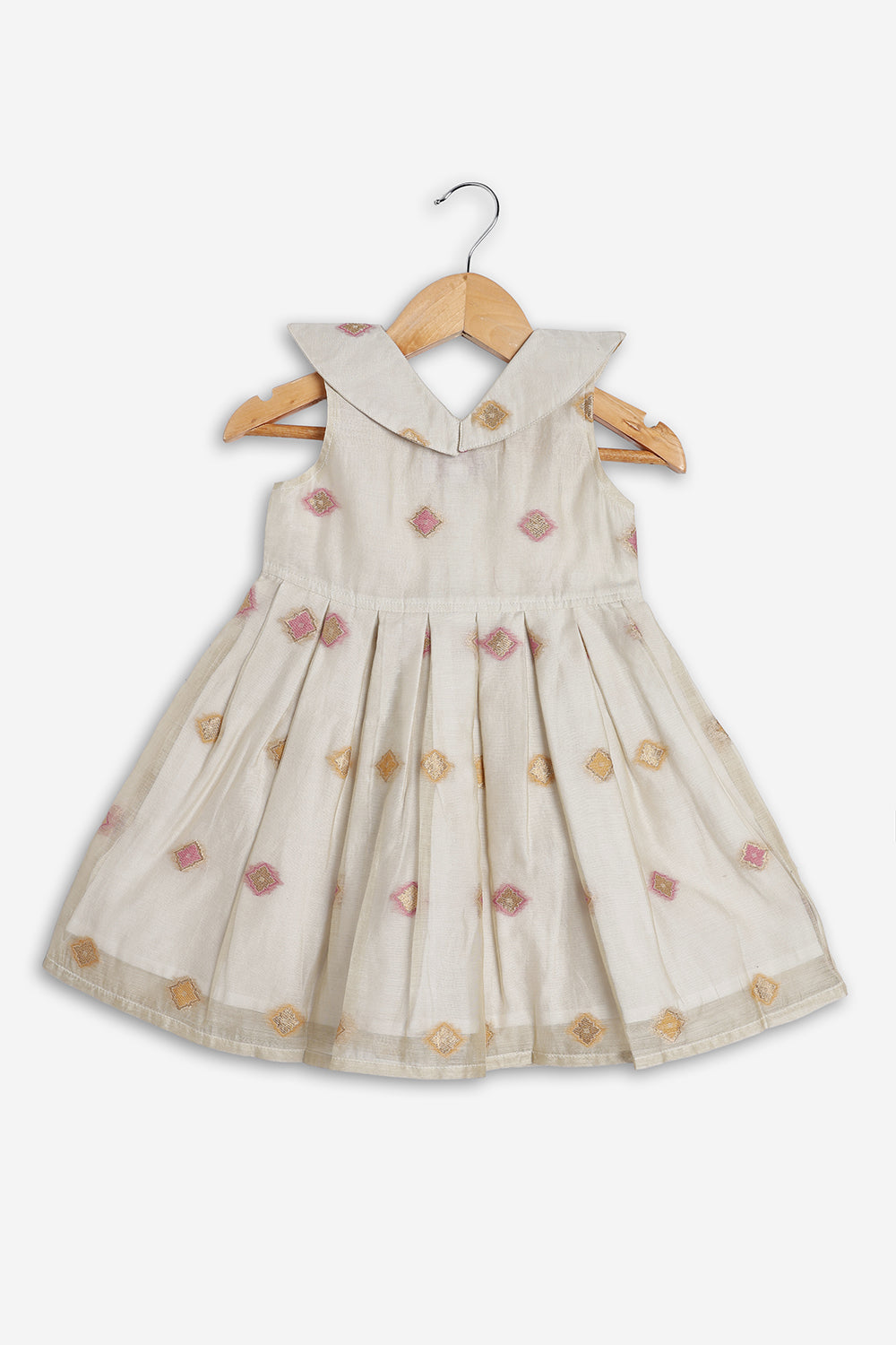 Chittythali Girls Chanderi Ethnic Frock | Peter Pan Collar Dress for Girls | Front Open Party Wear Frock | Traditional Kids Dress for Festive, Wedding & Occasion Wear - FR26