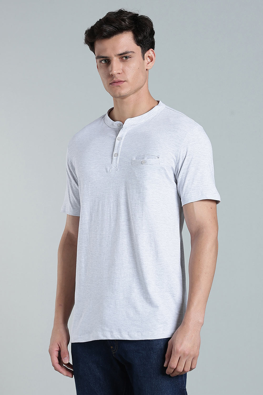 Enhance Men’s Henley T-Shirt – Cotton Smart Casual Tee with Chest Pocket & Side Slits  - White Melange - TG01