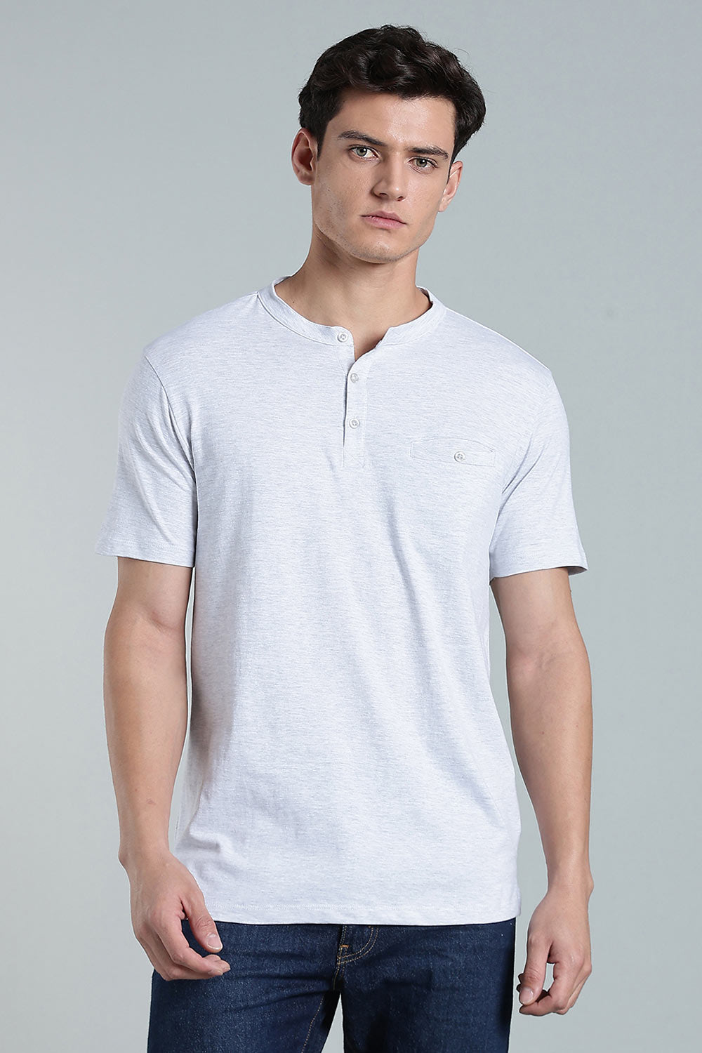 Enhance Men’s Henley T-Shirt – Cotton Smart Casual Tee with Chest Pocket & Side Slits  - White Melange - TG01