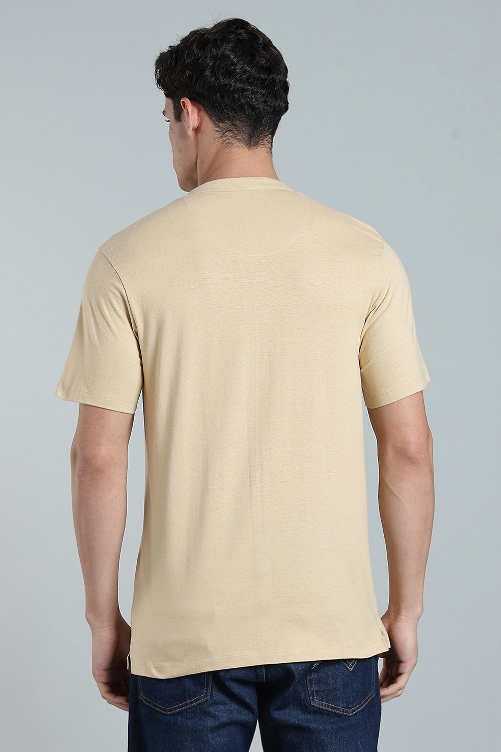 Enhance Men’s Henley T-Shirt – Cotton Smart Casual Tee with Chest Pocket & Side Slits  - Beige - TG01