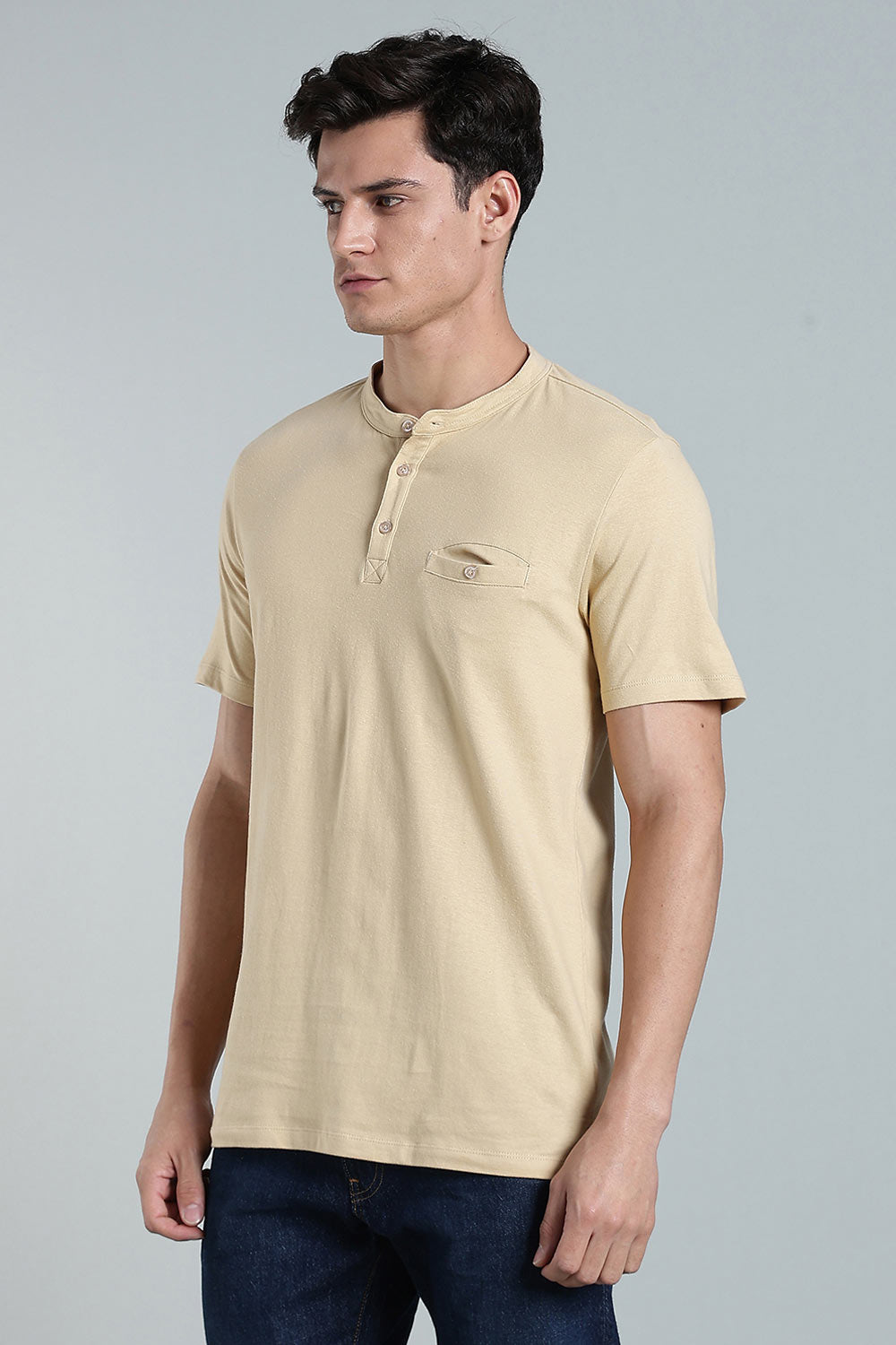 Enhance Men’s Henley T-Shirt – Cotton Smart Casual Tee with Chest Pocket & Side Slits  - Beige - TG01