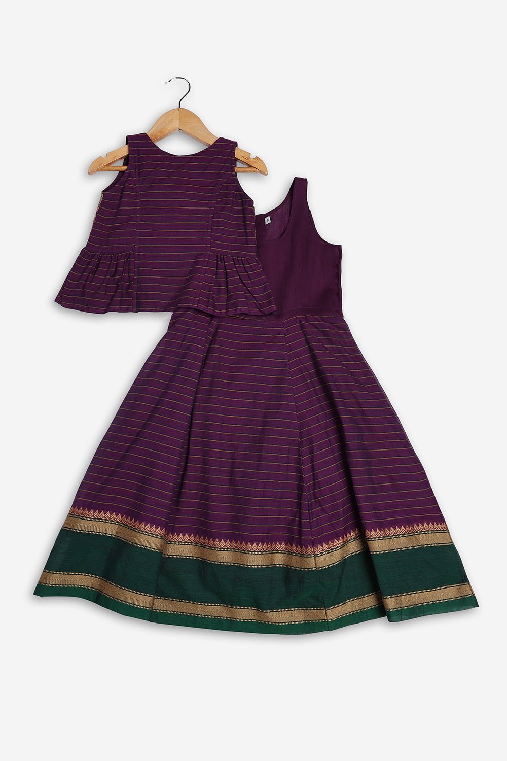 Chittythali Girls Handloom Kanchi Cotton Striped Pavadai Set | Traditional Front Open Top & Kali Skirt | Ethnic Wear for Girls | Temple, Festive, Wedding & Occasion Wear - PS18