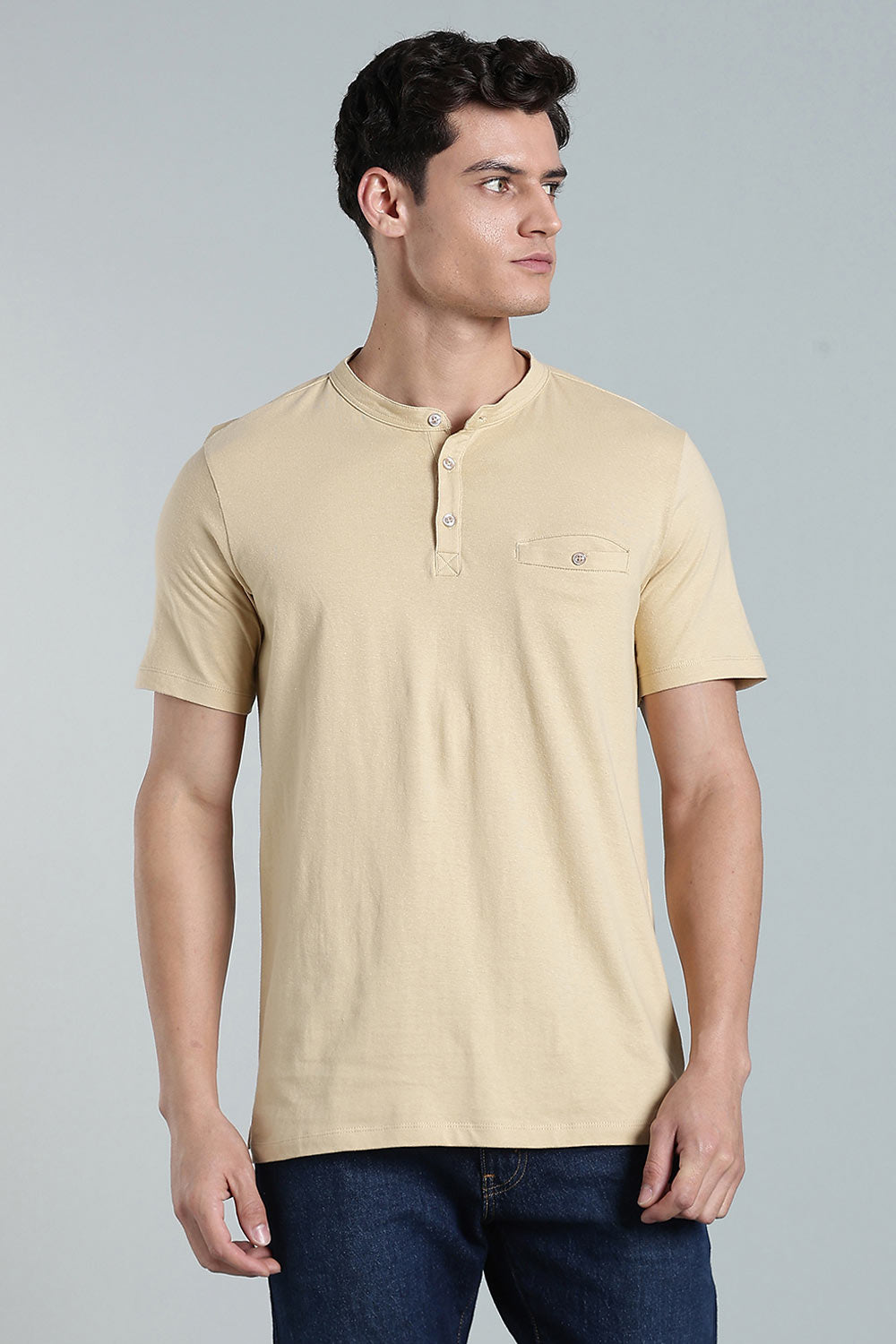 Enhance Men’s Henley T-Shirt – Cotton Smart Casual Tee with Chest Pocket & Side Slits  - Beige - TG01