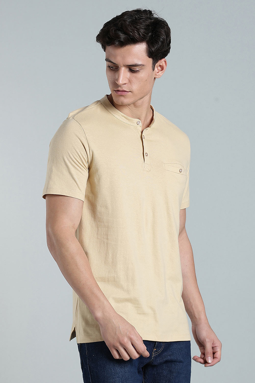 Enhance Men’s Henley T-Shirt – Cotton Smart Casual Tee with Chest Pocket & Side Slits  - Beige - TG01
