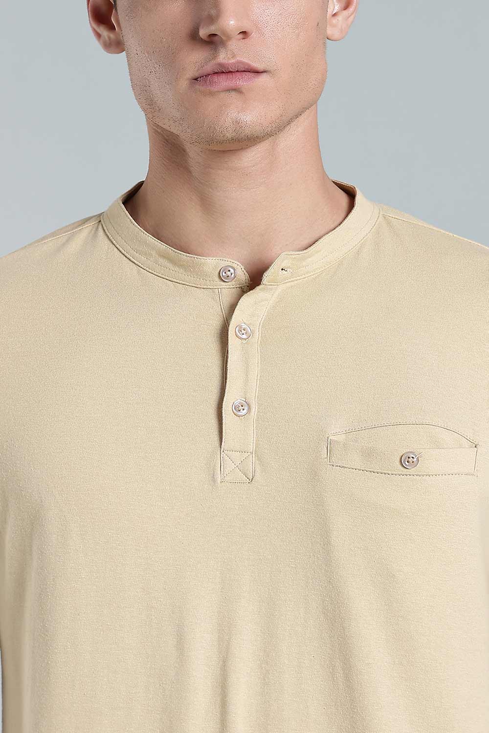 Enhance Men’s Henley T-Shirt – Cotton Smart Casual Tee with Chest Pocket & Side Slits  - Beige - TG01