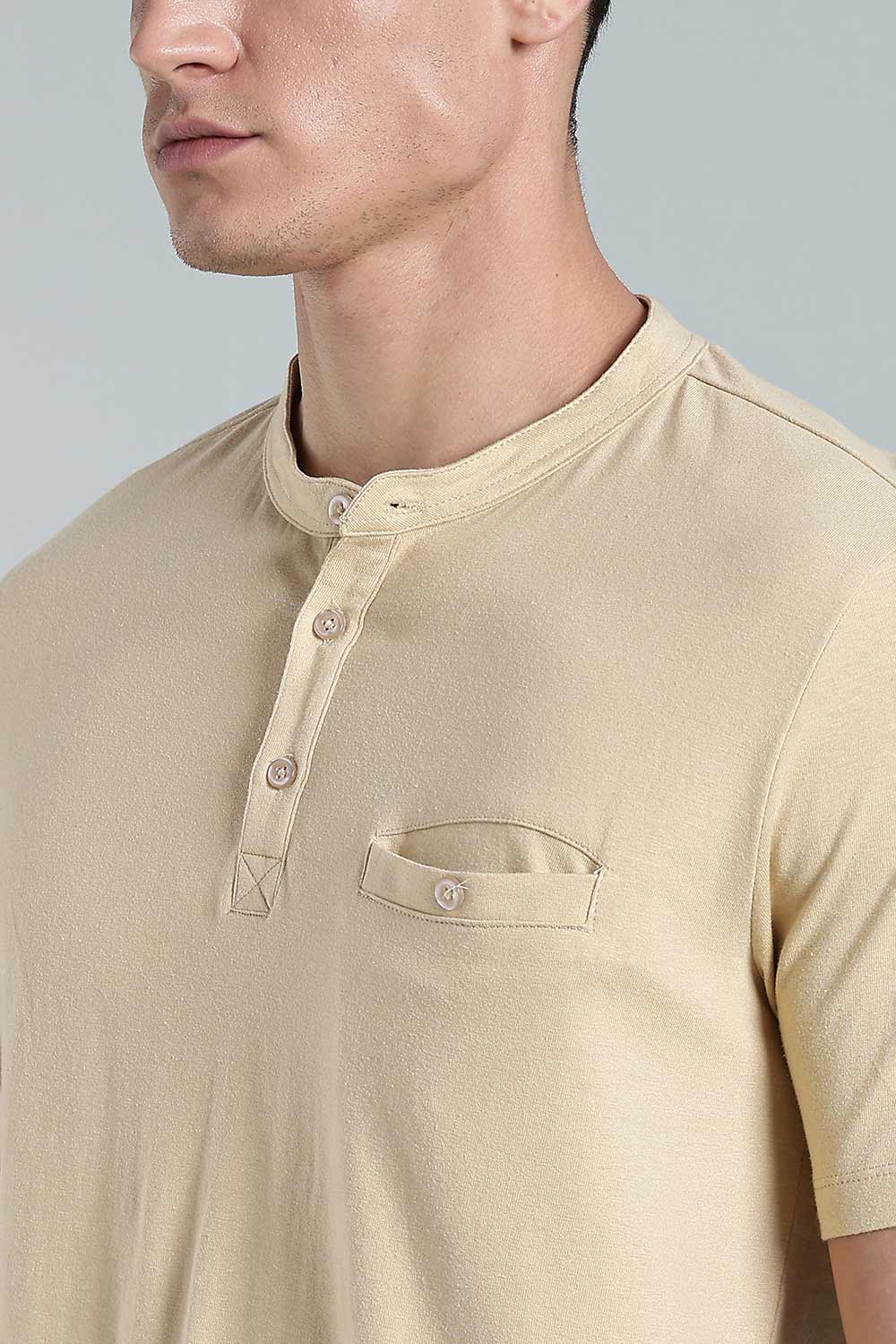 Enhance Men’s Henley T-Shirt – Cotton Smart Casual Tee with Chest Pocket & Side Slits  - Beige - TG01