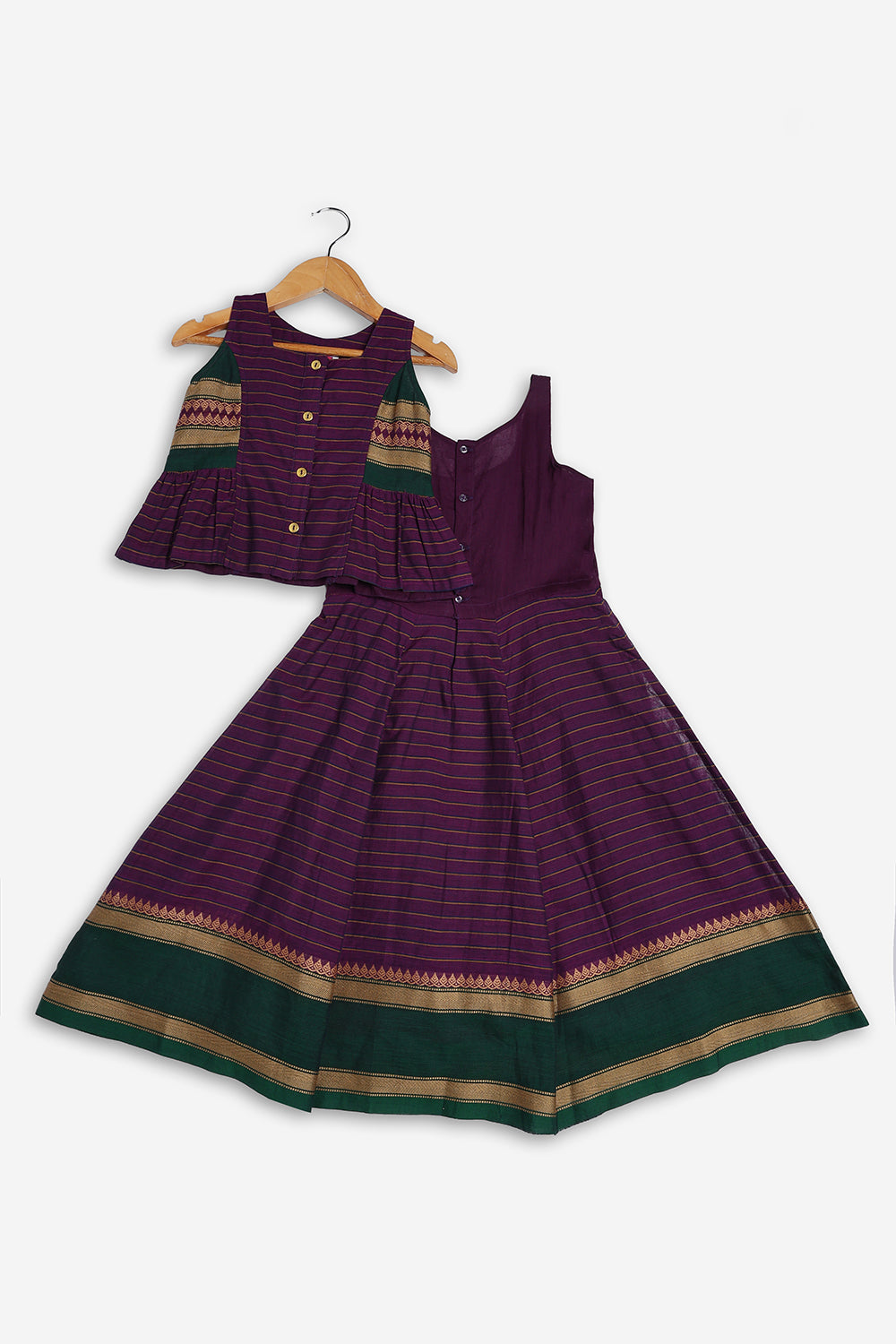 Chittythali Girls Handloom Kanchi Cotton Striped Pavadai Set | Traditional Front Open Top & Kali Skirt | Ethnic Wear for Girls | Temple, Festive, Wedding & Occasion Wear - PS18