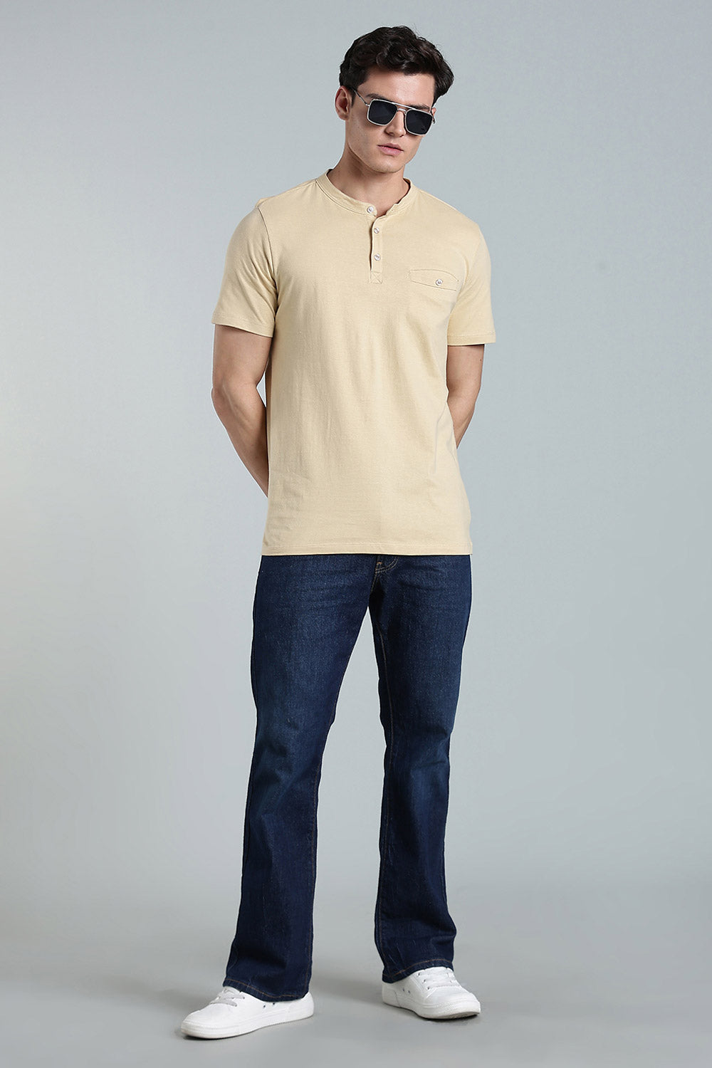 Enhance Men’s Henley T-Shirt – Cotton Smart Casual Tee with Chest Pocket & Side Slits  - Beige - TG01