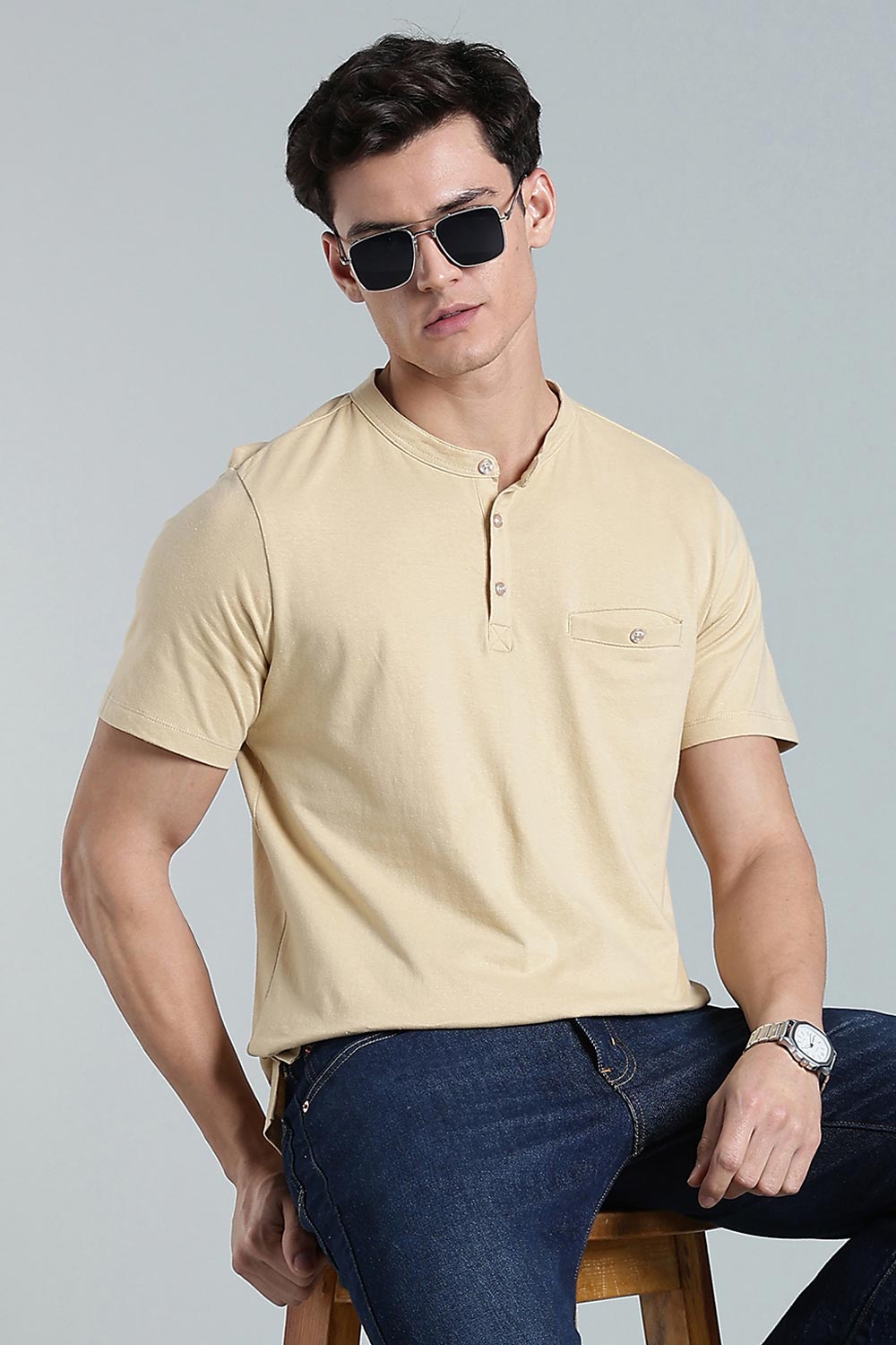 Enhance Men’s Henley T-Shirt – Cotton Smart Casual Tee with Chest Pocket & Side Slits  - Beige - TG01
