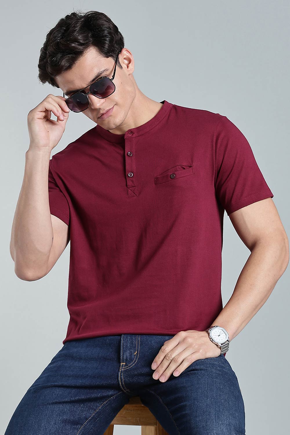 Enhance Men’s Henley T-Shirt – Cotton Smart Casual Tee with Chest Pocket & Side Slits  - Maroon - TG01