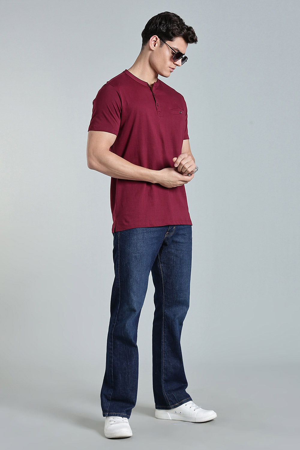 Enhance Men’s Henley T-Shirt – Cotton Smart Casual Tee with Chest Pocket & Side Slits  - Maroon - TG01