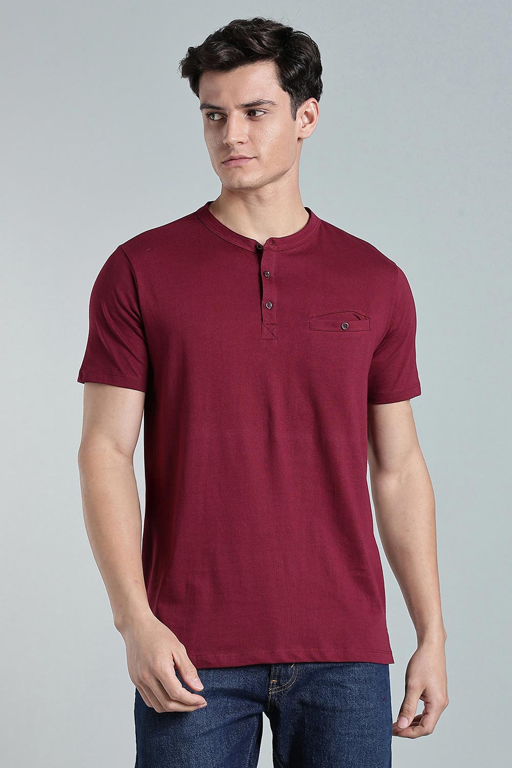 Enhance Men’s Henley T-Shirt – Cotton Smart Casual Tee with Chest Pocket & Side Slits  - Maroon - TG01