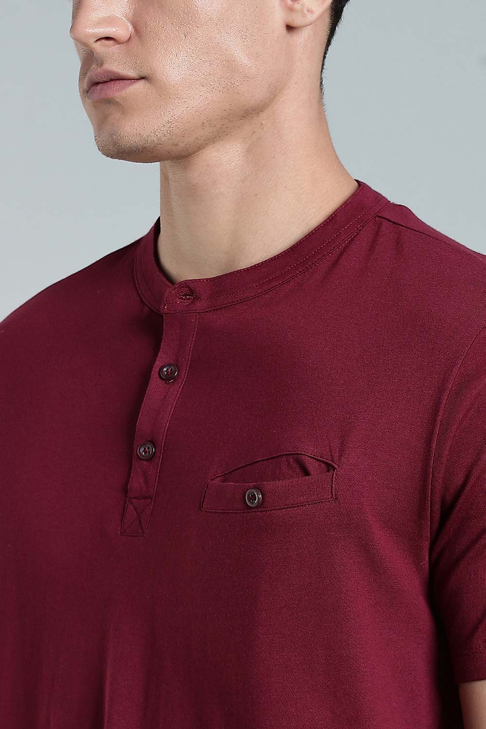 Enhance Men’s Henley T-Shirt – Cotton Smart Casual Tee with Chest Pocket & Side Slits  - Maroon - TG01