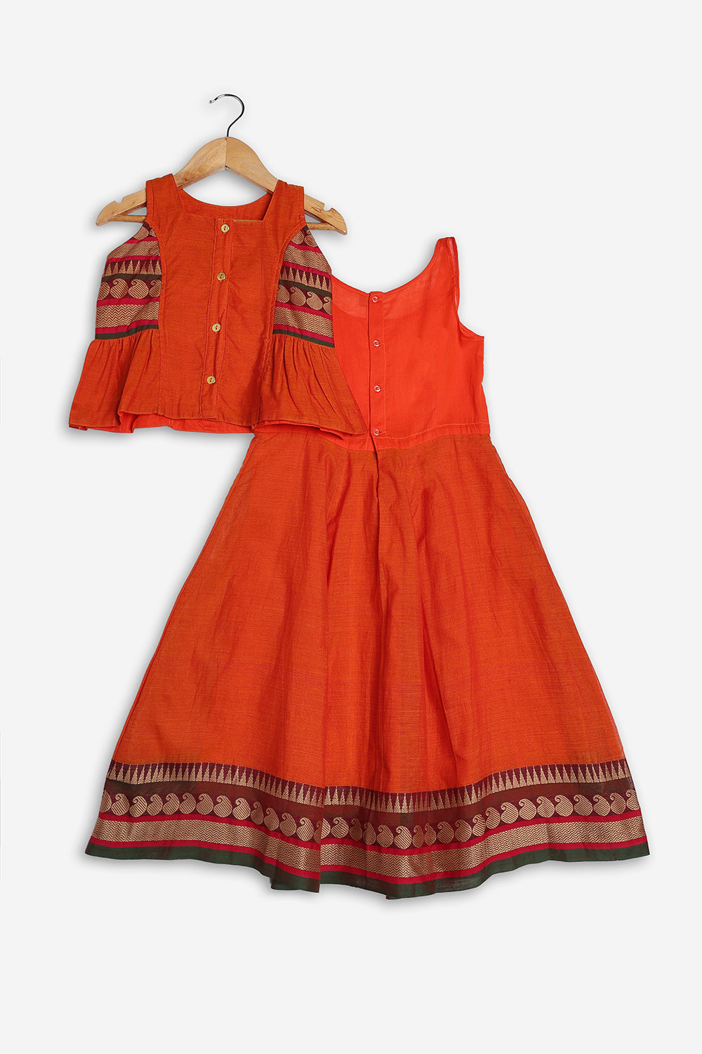 Chittythali Girls Handloom Kanchi Cotton Pavadai Set | Traditional Front Open Top & Kali Skirt Set | Ethnic Wear for Girls | Temple, Festive, Wedding & Occasion Wear - PS18
