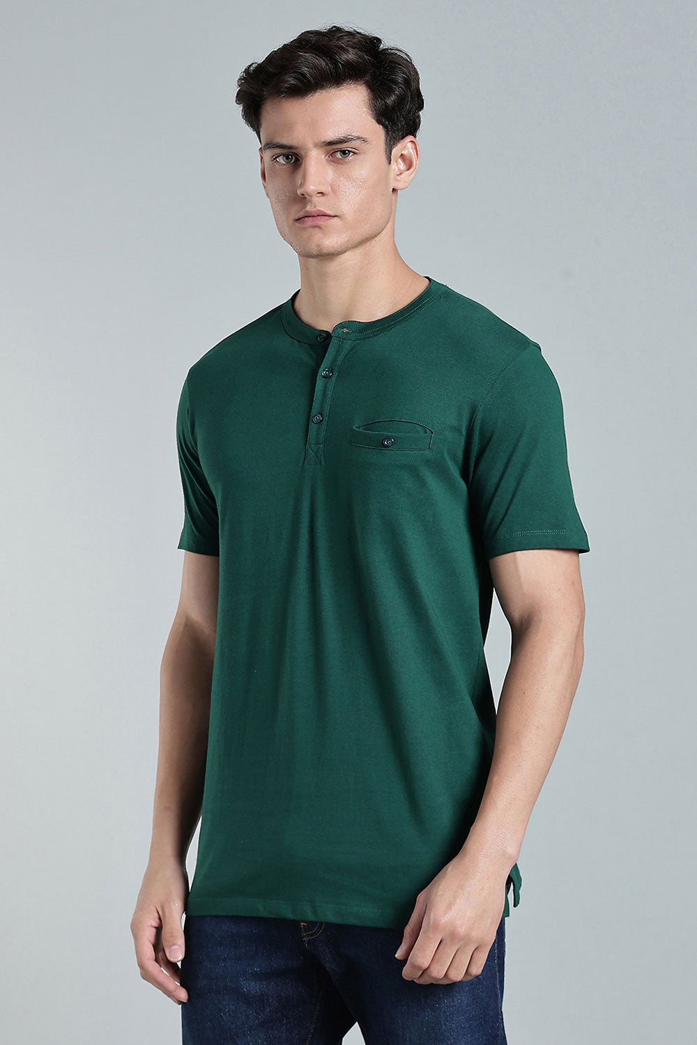 Enhance Men’s Henley T-Shirt – Cotton Smart Casual Tee with Chest Pocket & Side Slits  - Green - TG01