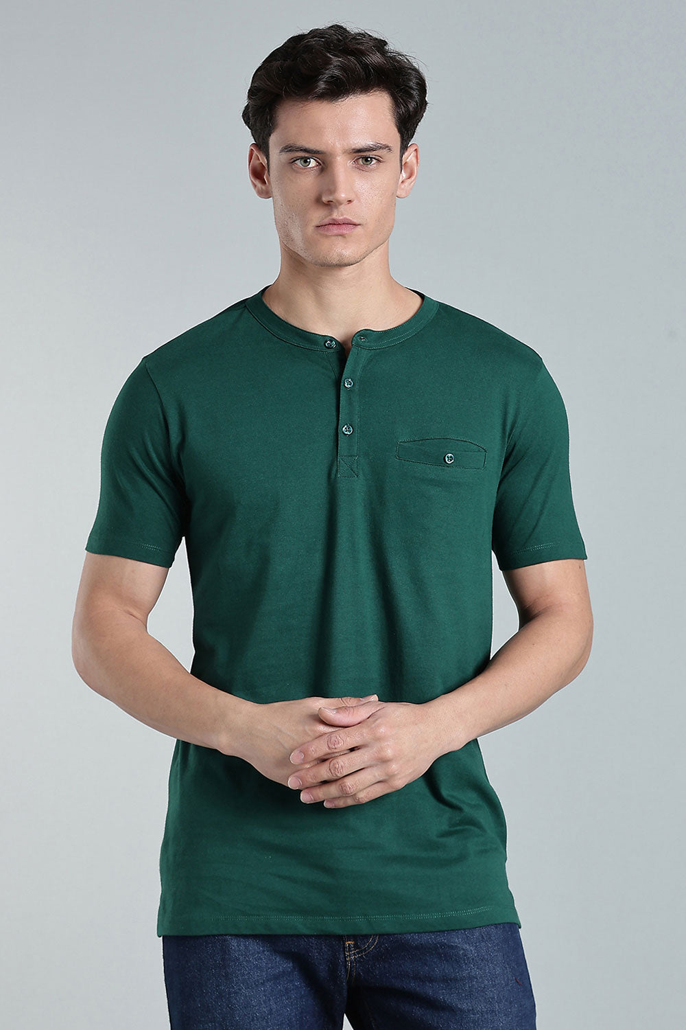Enhance Men’s Henley T-Shirt – Cotton Smart Casual Tee with Chest Pocket & Side Slits  - Green - TG01