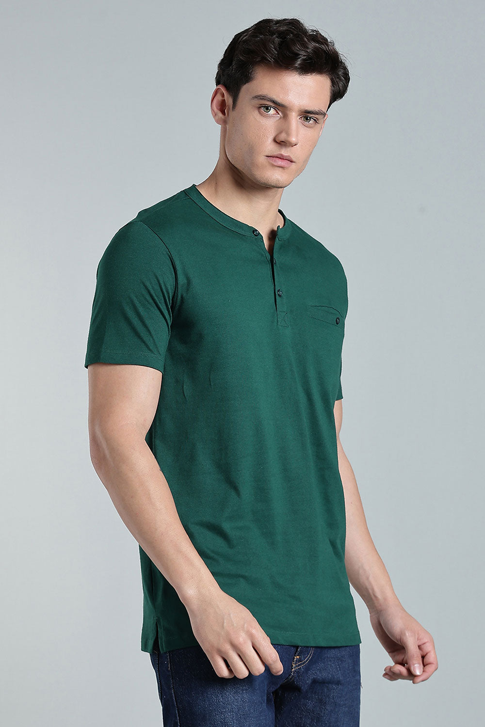 Enhance Men’s Henley T-Shirt – Cotton Smart Casual Tee with Chest Pocket & Side Slits  - Green - TG01