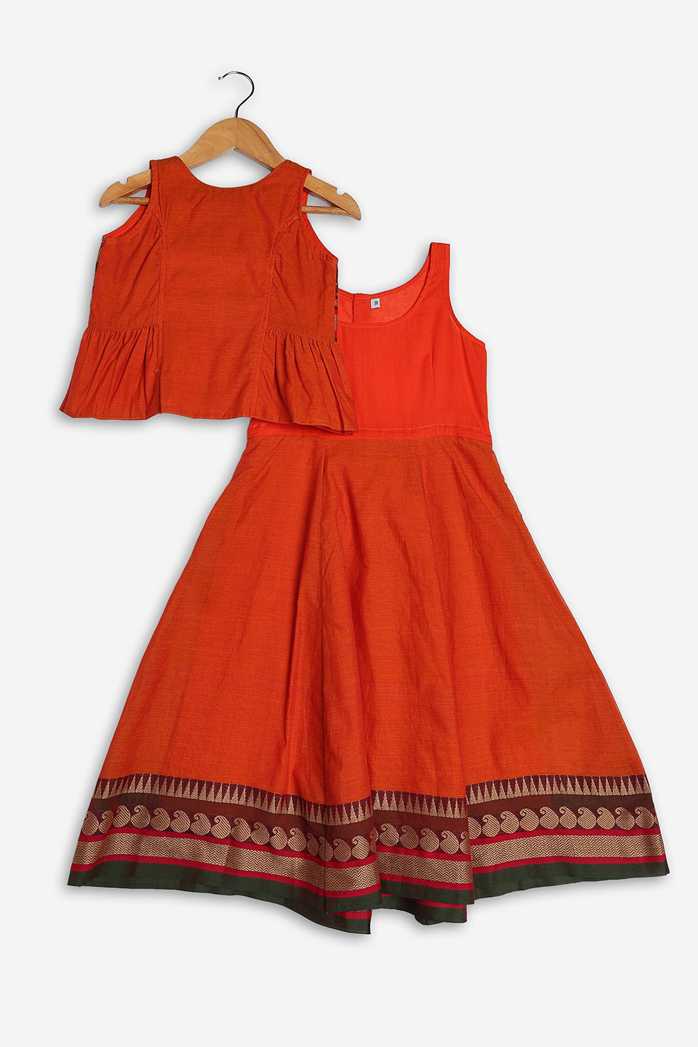 Chittythali Girls Handloom Kanchi Cotton Pavadai Set | Traditional Front Open Top & Kali Skirt Set | Ethnic Wear for Girls | Temple, Festive, Wedding & Occasion Wear - PS18