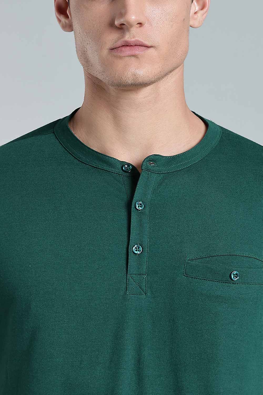 Enhance Men’s Henley T-Shirt – Cotton Smart Casual Tee with Chest Pocket & Side Slits  - Green - TG01