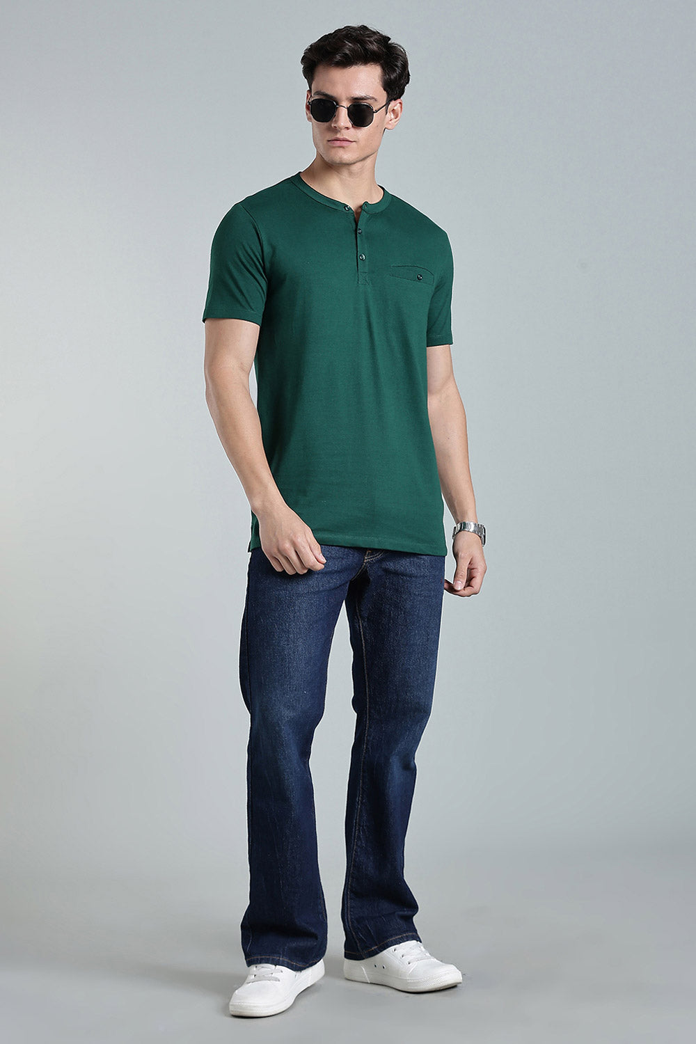 Enhance Men’s Henley T-Shirt – Cotton Smart Casual Tee with Chest Pocket & Side Slits  - Green - TG01