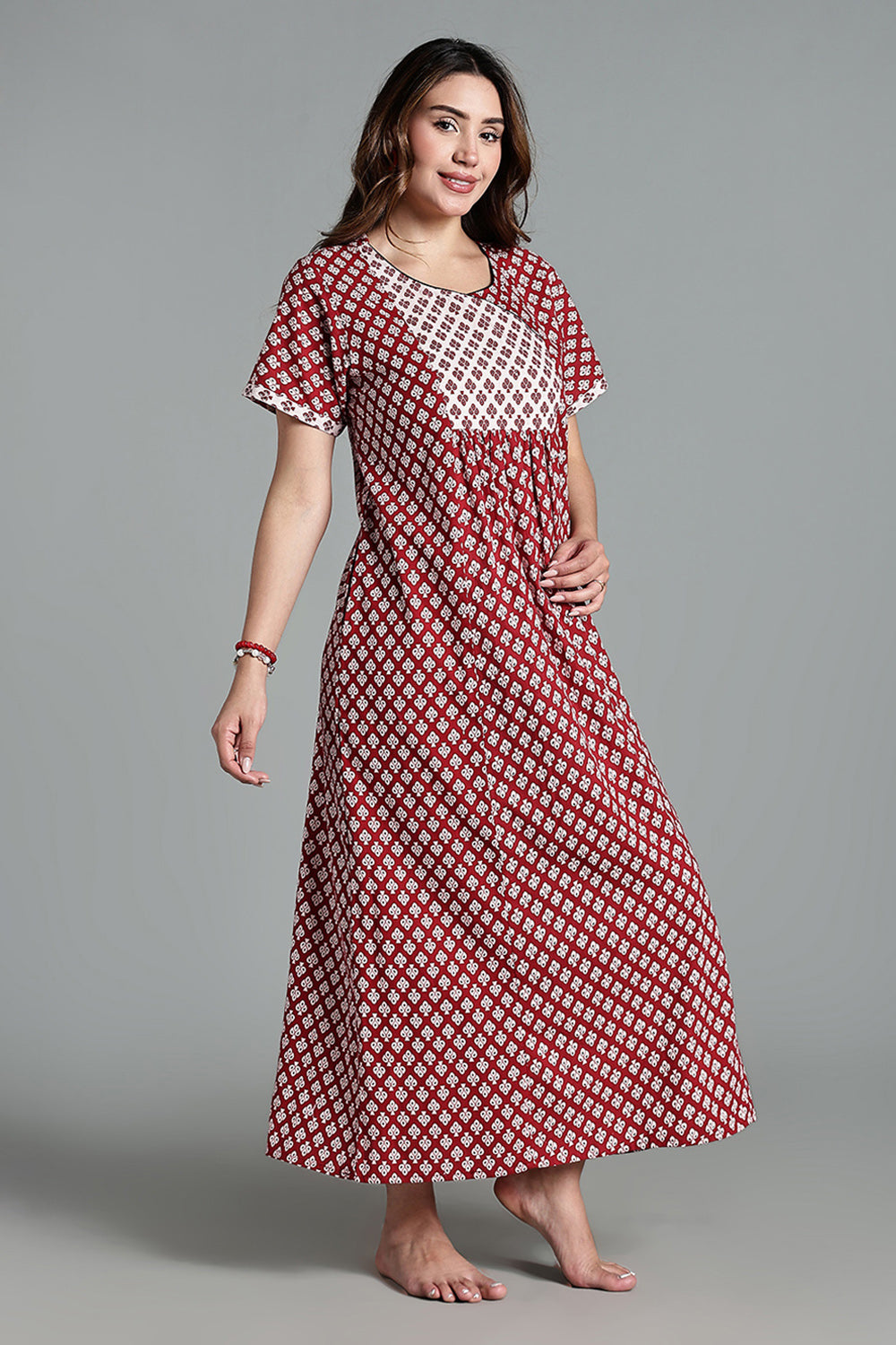 Naidu Hall Women’s Full-Length Cotton Nighty – Scoop Neck with V-Slit, Contrast Patch Yoke & Floral Butta Print
 - Red - NA34