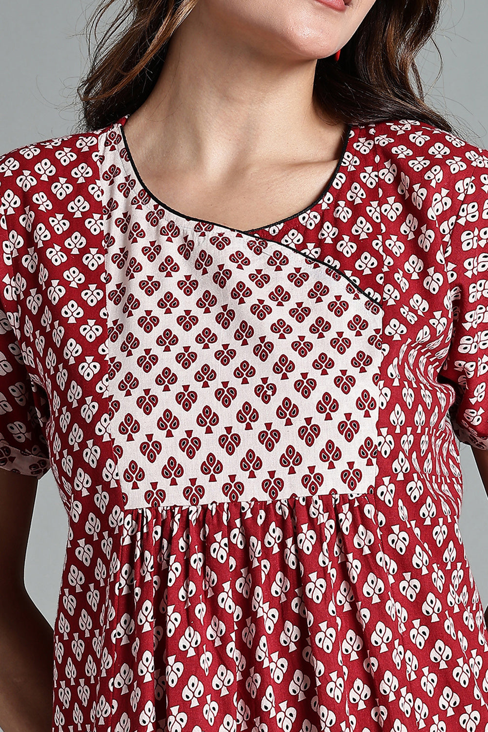 Naidu Hall Women’s Full-Length Cotton Nighty – Scoop Neck with V-Slit, Contrast Patch Yoke & Floral Butta Print
 - Red - NA34