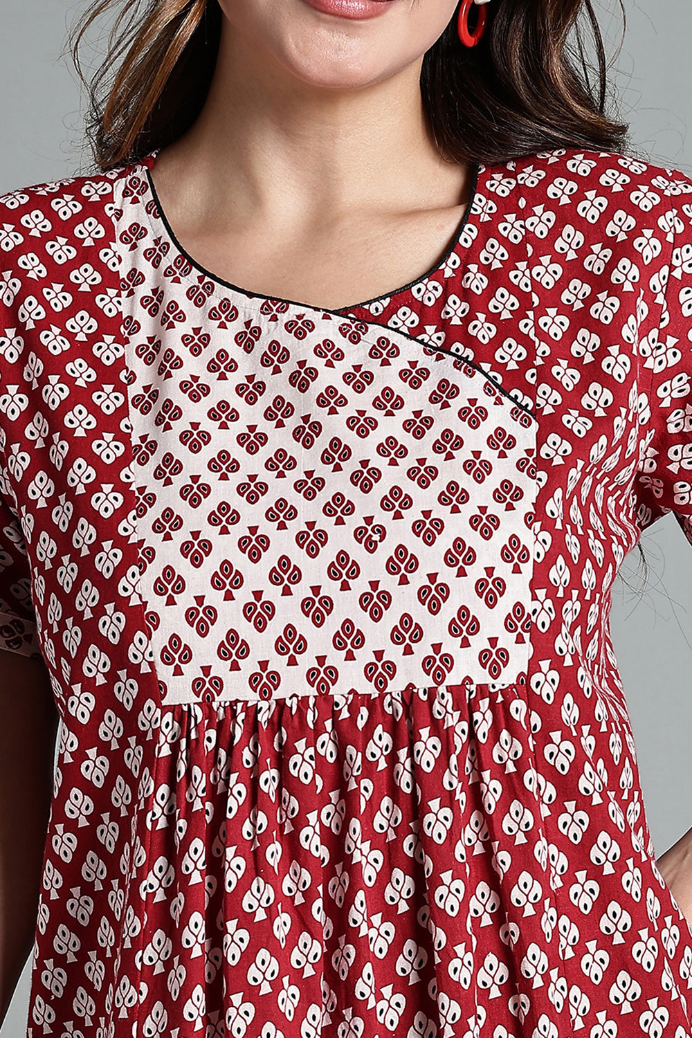 Naidu Hall Women’s Full-Length Cotton Nighty – Scoop Neck with V-Slit, Contrast Patch Yoke & Floral Butta Print
 - Red - NA34