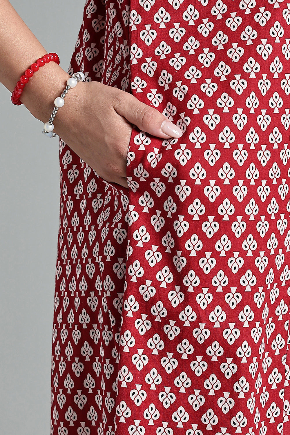 Naidu Hall Women’s Full-Length Cotton Nighty – Scoop Neck with V-Slit, Contrast Patch Yoke & Floral Butta Print
 - Red - NA34