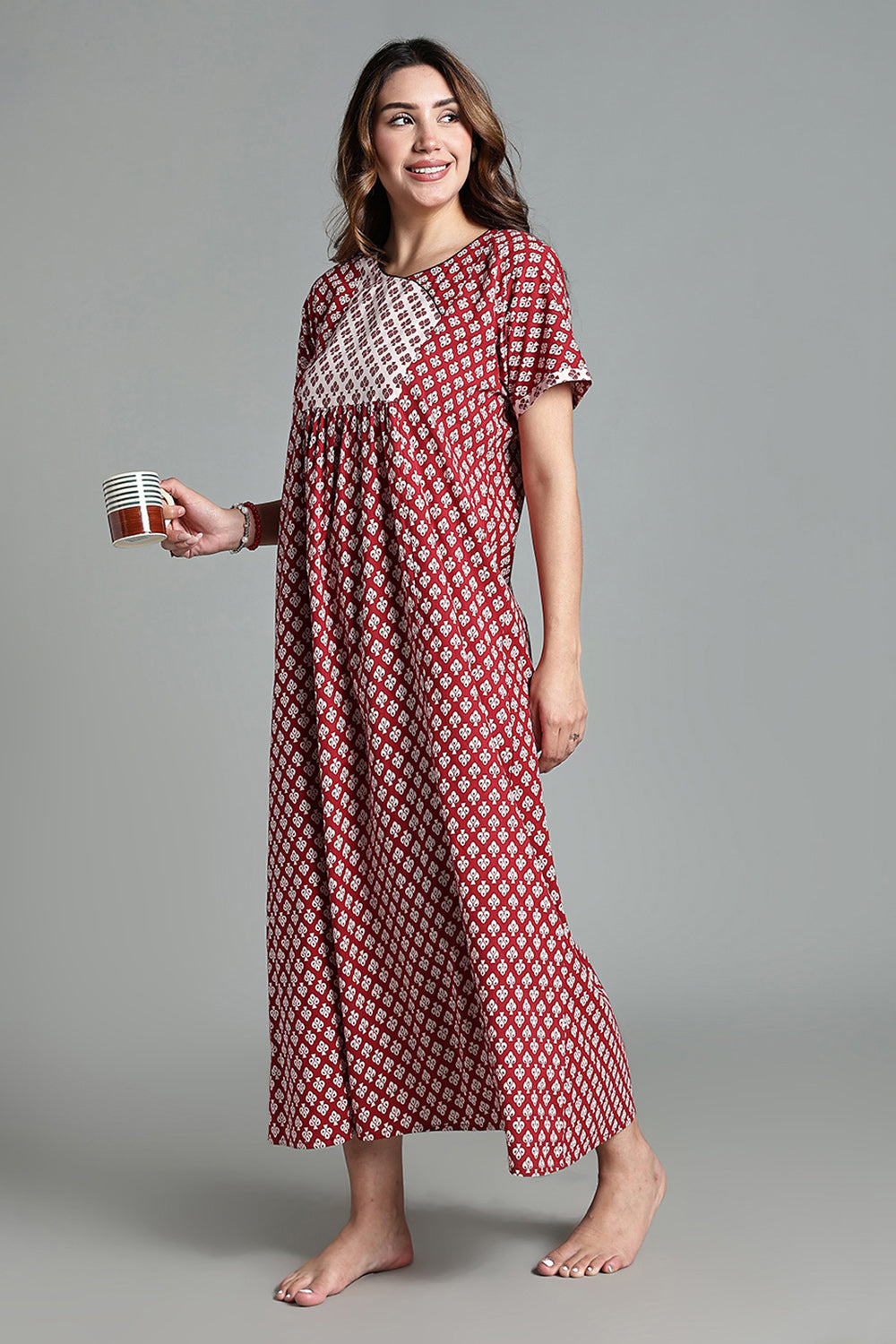 Naidu Hall Women’s Full-Length Cotton Nighty – Scoop Neck with V-Slit, Contrast Patch Yoke & Floral Butta Print
 - Red - NA34