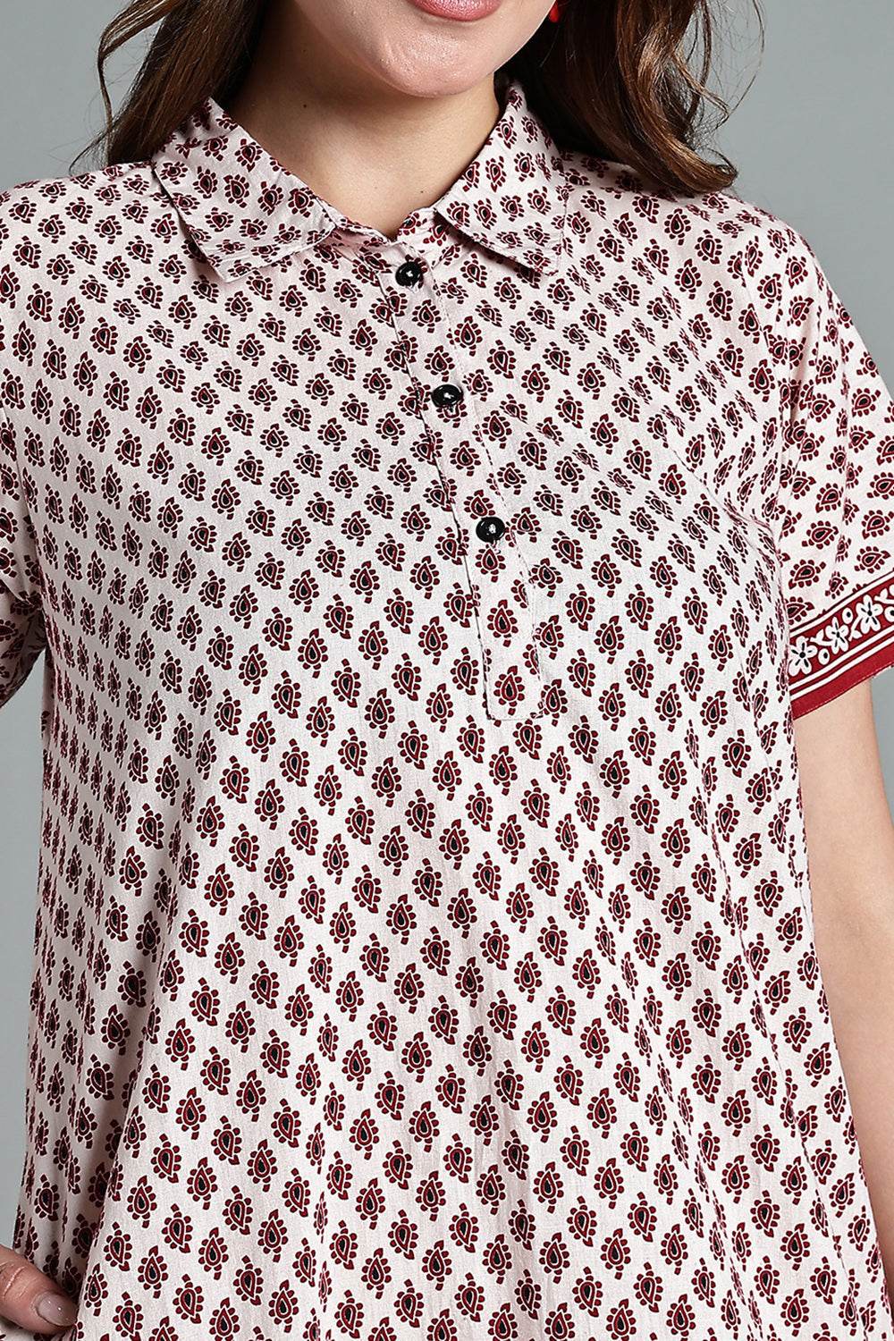Naidu Hall Women’s Printed Cotton Nighty – Shirt Collar, Front Button Placket & Contrast Hem Detailing – White- NA37 - Naidu Hall Family Store