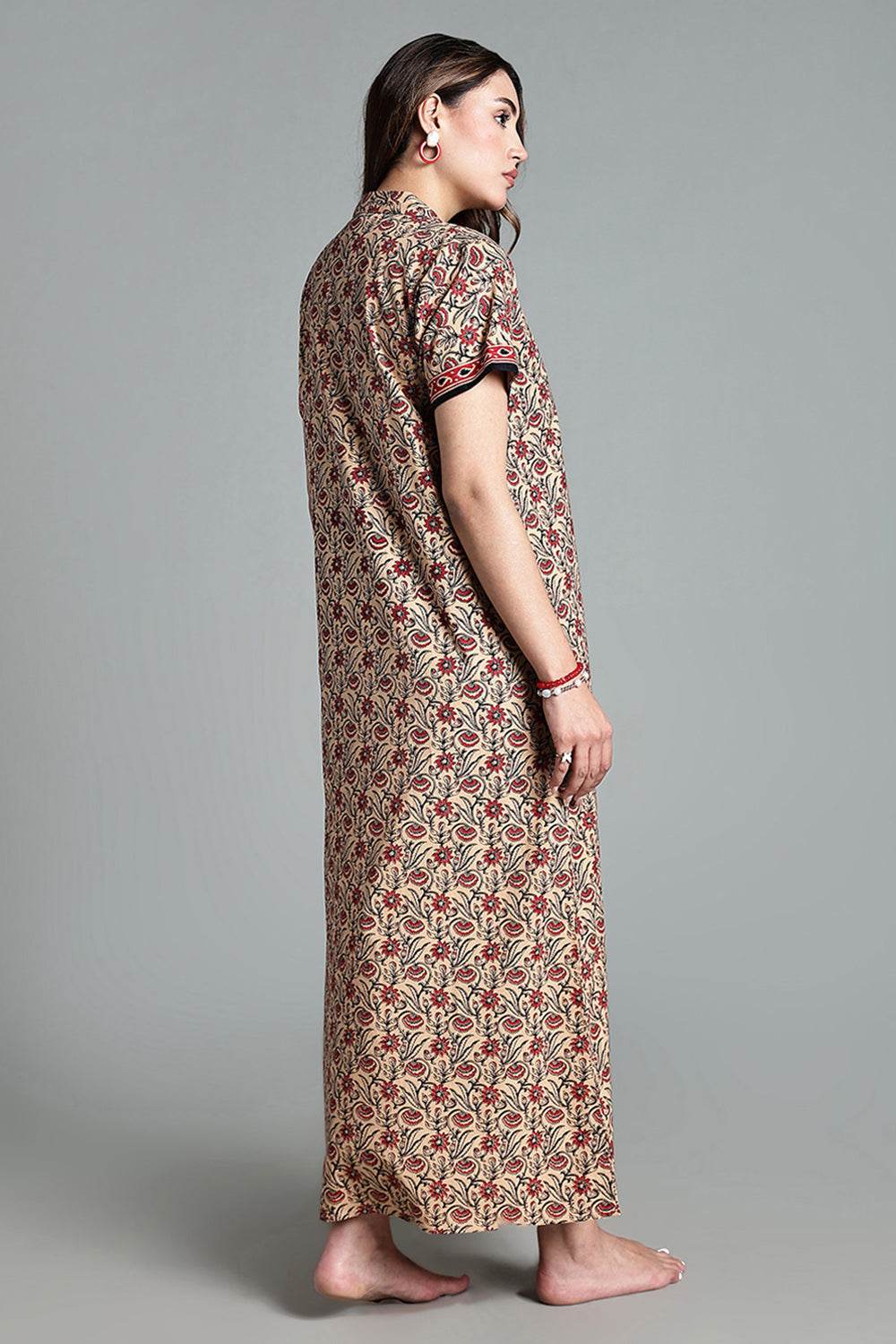 Naidu Hall Women’s Printed Cotton Nighty – Shirt Collar, Front Button Placket & Contrast Hem Detailing – Pink - NA35 - Naidu Hall Family Store
