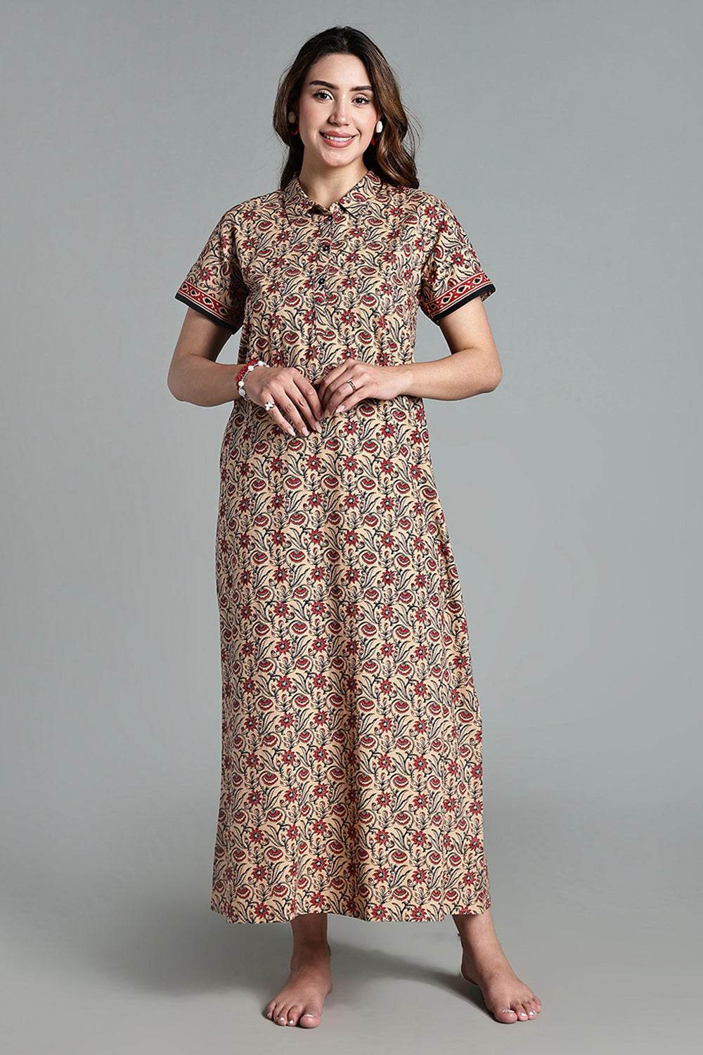 Naidu Hall Women’s Printed Cotton Nighty – Shirt Collar, Front Button Placket & Contrast Hem Detailing – Pink - NA35 - Naidu Hall Family Store
