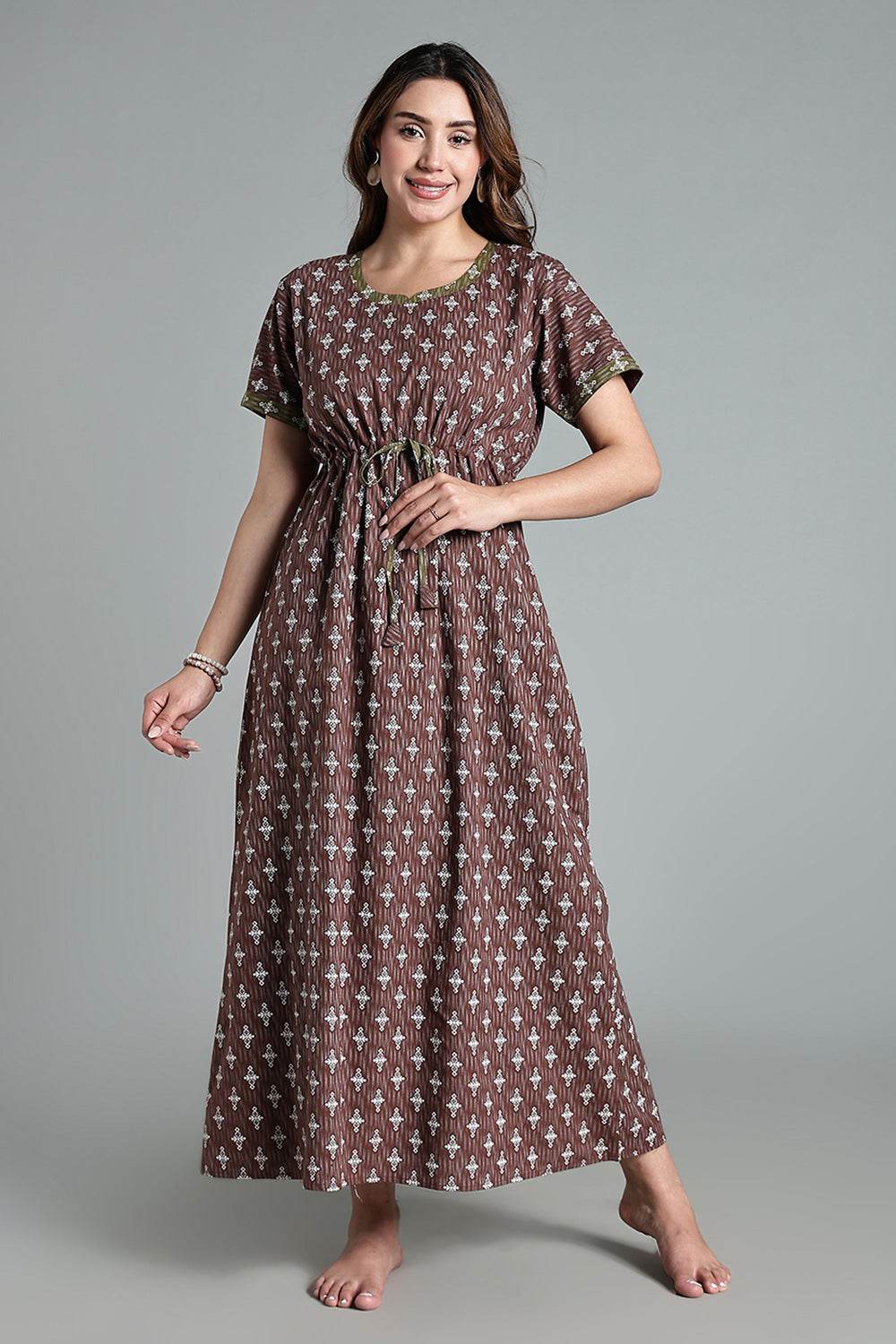 Naidu Hall Women’s Printed Cotton Nighty – Waist Tunnel Tie-Up, Contrast Detailing & Short Sleeves – Brown - NA33 - Naidu Hall Family Store